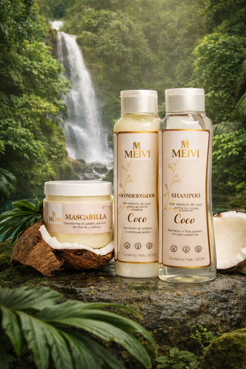 Kit Capilar MEIVI Rizos de Coco – Shampoo, Acondicionador y Crema Rizadora