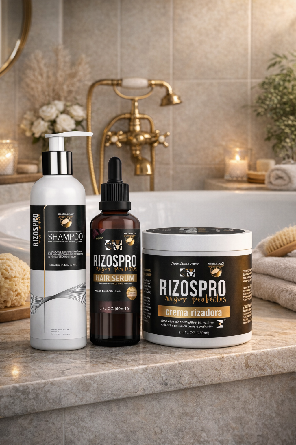 Kit Rizos Pro para Cabello Rizado – Shampoo + Crema Rizadora + Óleo Capilar.